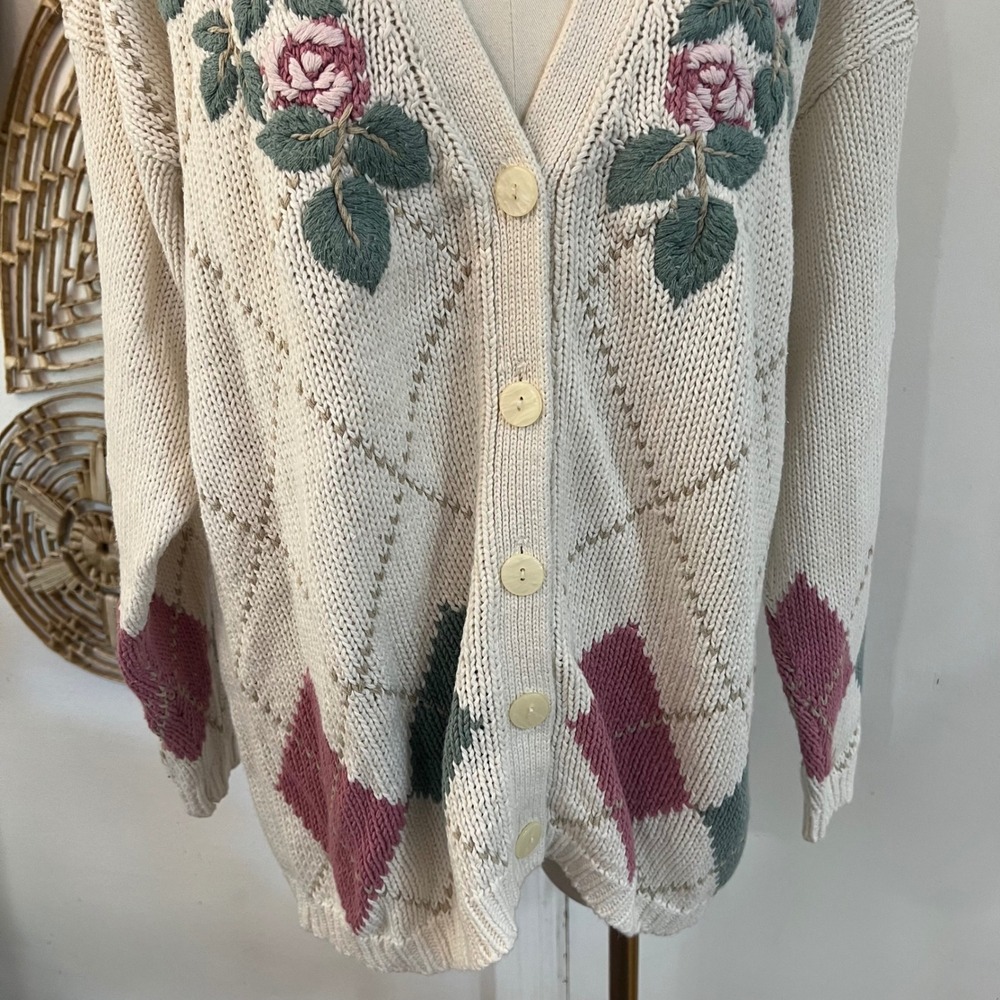 Vintage Venezia Cream Ramie Cotton Embroidered Floral Argyle Cardigan 18/20 - Picture 4 of 10